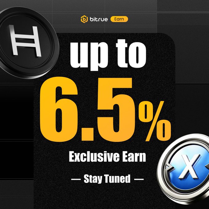 A Bitrue promotional advertisement featuring "up to 6.5%" in bold yellow text on a black background, promoting an "Exclusive Earn" opportunity with HBAR and XRP token graphics, tied to the post's call to deposit ETH and SOL for up to 6.5% APR.