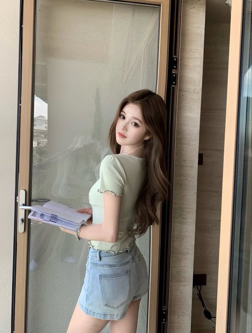 A woman with long brown hair, wearing a light green top and denim shorts, poses by a glass door while holding a stack of papers.