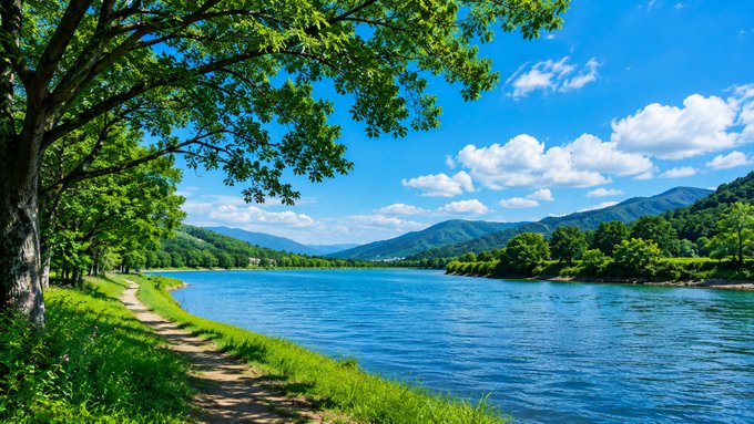 The image shows a serene landscape featuring a river, trees, mountains, and a path leading towards the water. The scene appears to be taken during the day under clear skies with blue hues. The caption provided seems unrelated to the image itself and is likely an unrelated piece of information or commentary about blockchain adoption.
