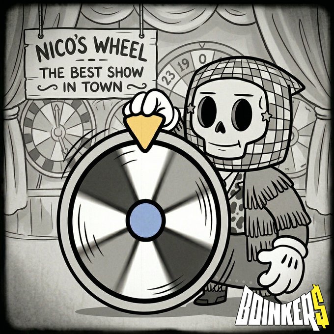 A cartoon skeleton character spins a large striped wheel beneath a sign reading "NICO'S WHEEL - THE BEST SHOW IN TOWN," with a "BOINKERS" logo in the bottom right corner. The image ties directly to the post, which promotes "Nico's Wheel" as a featured event or game launching this Monday via the Boinkers platform.