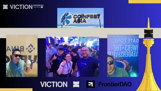 A promotional graphic for "VICTION INDONESIA" features a "COINFEST ASIA" logo, three event photographs, and logos for "VICTION" and "FrontierDAO" against a blue background with a yellow tower illustration.