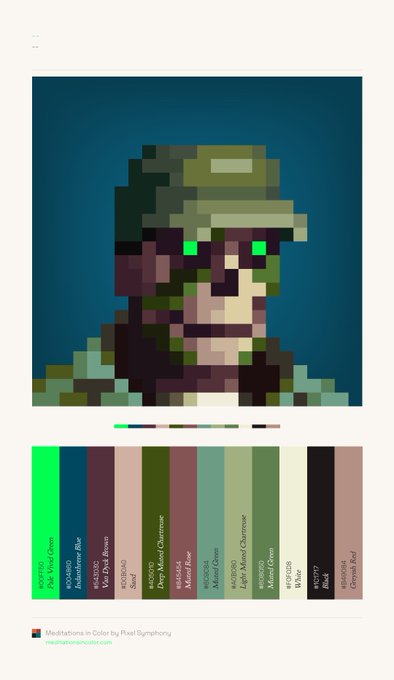 A pixel art portrait of a soldier character with a color palette underneath, credited to pixel symphony for Medalithions.