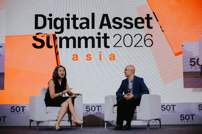 Two panelists seated on stage at the 'Digital Asset Summit 2026 asia' sponsored by 50T Funds.