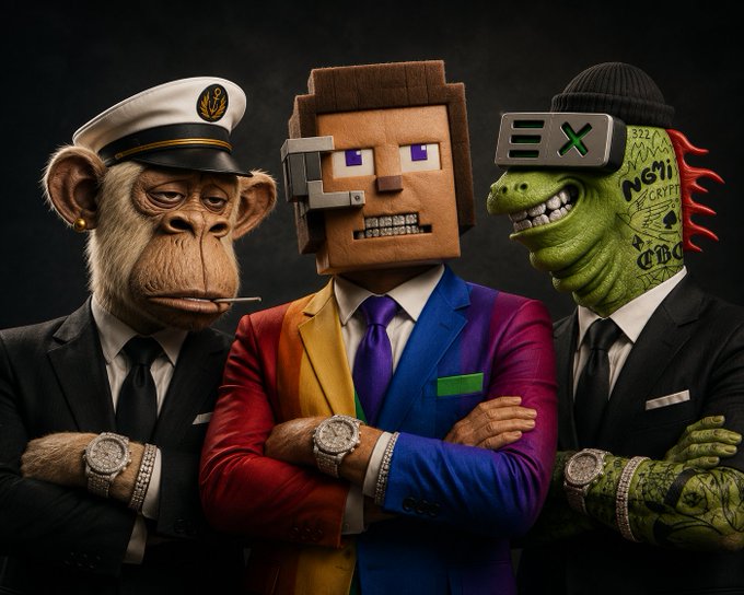 A stylized group portrait features three characters in business suits: a realistic monkey in a captain's hat, a blocky pixelated human figure in a rainbow-colored suit, and a green reptilian character wearing a VR headset. The image represents the merger of digital assets, visually illustrating the "Chanimal to Creepz" transition mentioned in the post.