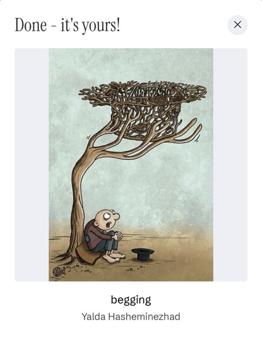 A digital illustration titled 'begging' by Yalda Hasheminezhad depicts a sad, bald figure sitting on the ground beneath a barren tree with only a small bowl to its name.
