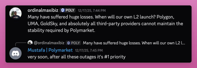 This image shows a Discord conversation where a user named Mustafa from Polymarket states their own L2 is the "#1 priority" in response to questions about its launch and stability issues with third-party providers. The accompanying post questions the slow shipping speed of Polymarket's L2 and suggests Polygon may have convinced them to stay, implying the L2 launch is crucial for a $POLY airdrop.