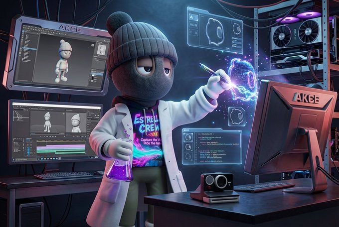 A "BEAST" character in a beanie and lab coat sketches holographic designs at a multi-monitor workstation branded with "AKCB" and "AKCE" logos. The image creatively illustrates the "AKCB Daily Market Update," depicting the behind-the-scenes development and analytics of the BEASTS NFT collection featured on the marketplace.