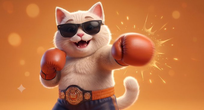 A 3D-rendered white cat wearing black sunglasses and a championship belt, throwing a punch with orange boxing gloves against an orange background.