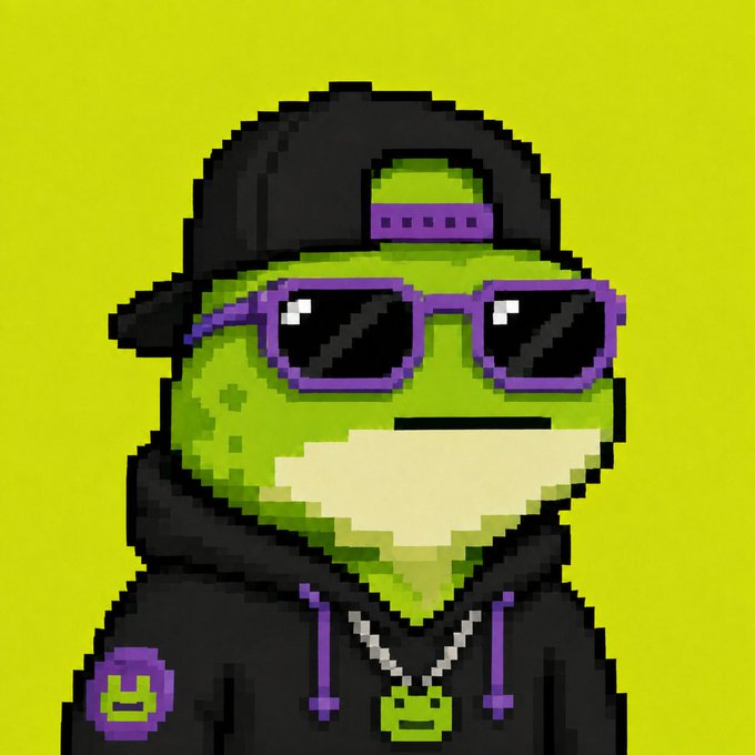 A pixel art frog wearing a black cap, purple sunglasses, and a black hoodie with a gold dollar sign pendant is featured against a yellow background, fitting the "The Froggies" NFT collection promotion on OpenSea. The character's dollar sign necklace and streetwear aesthetic align with the mint details and ETH pricing structure mentioned in the post.