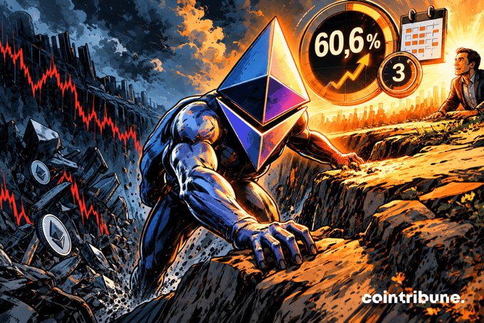 A stylized comic-book illustration depicting an Ethereum-themed pyramid-headed figure climbing from a crypto crash (red downward graphs) toward a city skyline, with text showing '60,6%', '3', and a calendar, branded 'cointribune.'