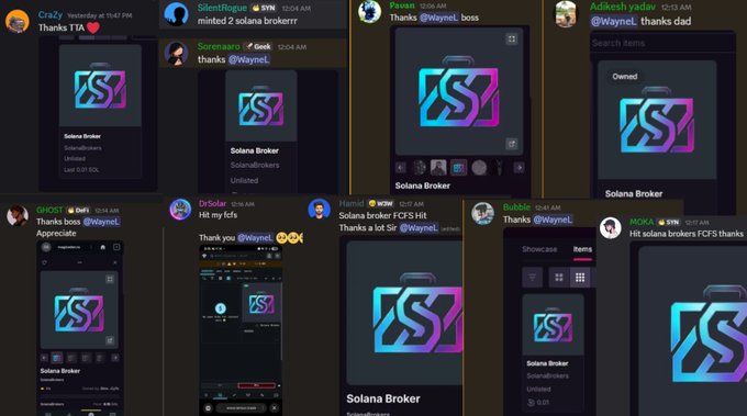 A collage of social media posts from users like 'CrazY', 'SilentRogue', and 'Pavan' shows them thanking @wayneL boss, all featuring the same 'Solana Broker' logo with a stylized 'S' design.