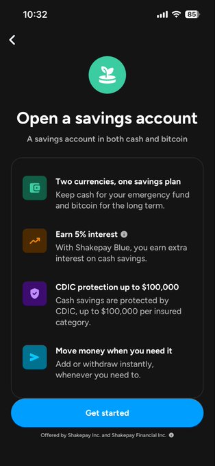 A mobile app screen titled 'Open a savings account' offering features like 'Earn 5% interest' and 'CDIC protection up to $100,000' with a 'Get started' button.