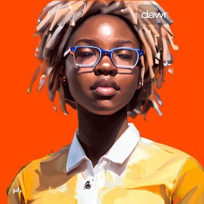 A stylized digital portrait of a person with dreadlocks, blue glasses, and a yellow and white collared shirt against a bright orange background with 'dawvn' watermark.