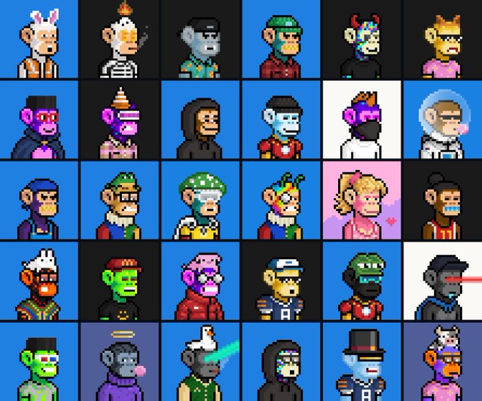 A colorful grid of 30 pixel-art monkey avatars, many styled as celebrities, athletes, superheroes, or characters.