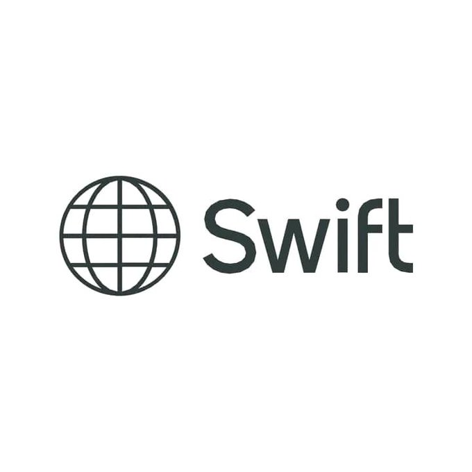 The image features a globe icon alongside the word "Swift" in a dark green/black font, representing Swift's banking network branding. The caption relates to Oracle's new integration with Swift's blockchain ledger, as the logo symbolizes Swift's role in facilitating interbank messaging and payment infrastructure for the tokenized deposit flows mentioned in the post.