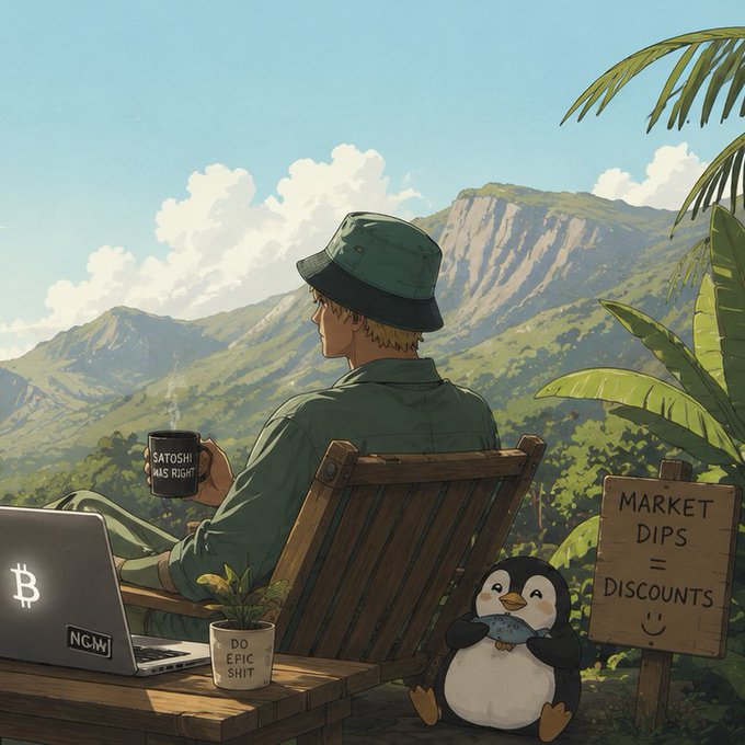 An anime-style illustration of a person in a green bucket hat and shirt sitting in a wooden chair holding a mug labeled "SATOSHI WAS RIGHT," with a Bitcoin laptop sticker reading "NGMI," a small penguin, and a wooden sign stating "MARKET DIPS = DISCOUNTS :)" against a tropical mountain backdrop.