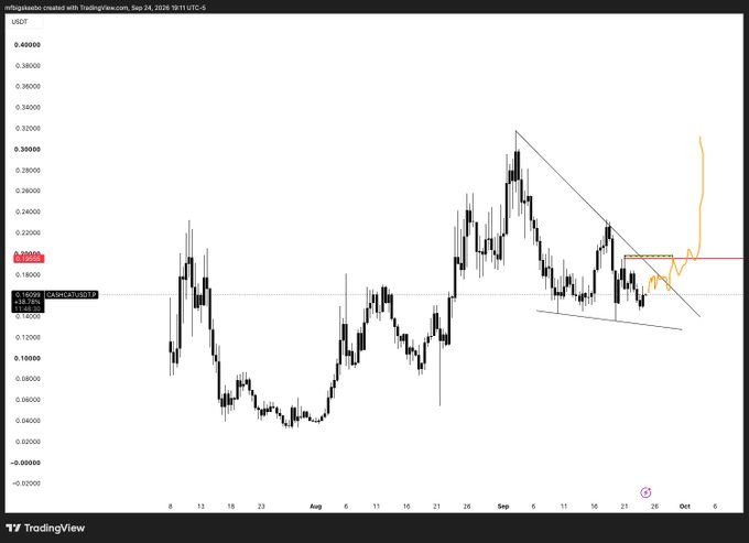 A TradingView candlestick chart of USDT price in USDC on a CASH/USDT pair, showing price movements from late July through October with trendlines drawn on the right side; the chart was created on September 24, 2026 at 18:11 UTC-6.