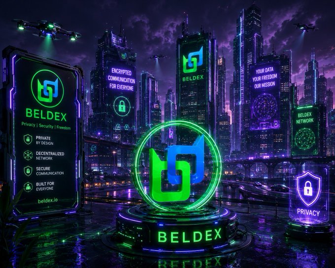 A futuristic cyberpunk promotional graphic for 'BELDEX' cryptocurrency featuring neon green and blue branding with privacy-focused messaging ('Private by Design, Decentralized Network, Secure Communication') set in a sci-fi cityscape.