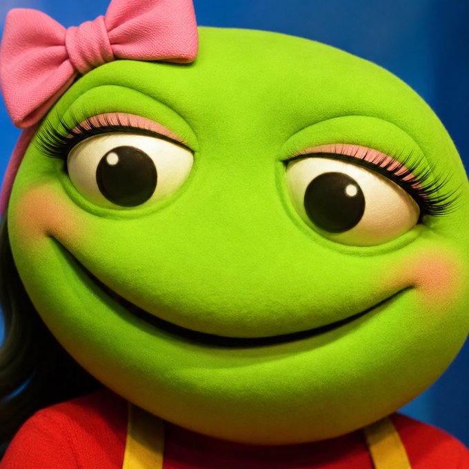 A plush green frog character with a pink bow, long eyelashes, and rosy cheeks smiles against a blue background, matching the "Mommy toad" reference in the post about the token being live.