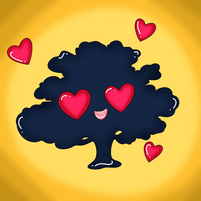 A cartoon illustration of a dark-colored tree with heart-shaped eyes and a smiling mouth, surrounded by floating red hearts on a yellow background.