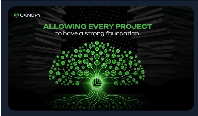 A promotional graphic for 'CANOPY' displaying the text 'ALLOWING EVERY PROJECT to have a strong foundation' above a glowing green tree made of digital icons.