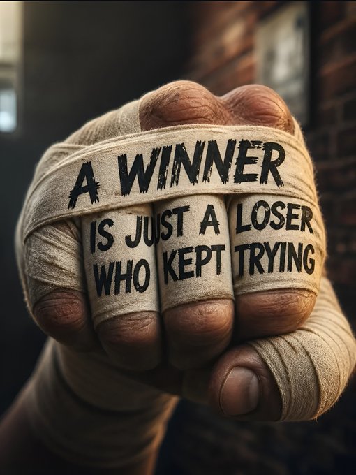 A close-up of a fist wrapped in white hand wraps with the text 'A WINNER IS JUST A LOSER WHO KEPT TRYING'.