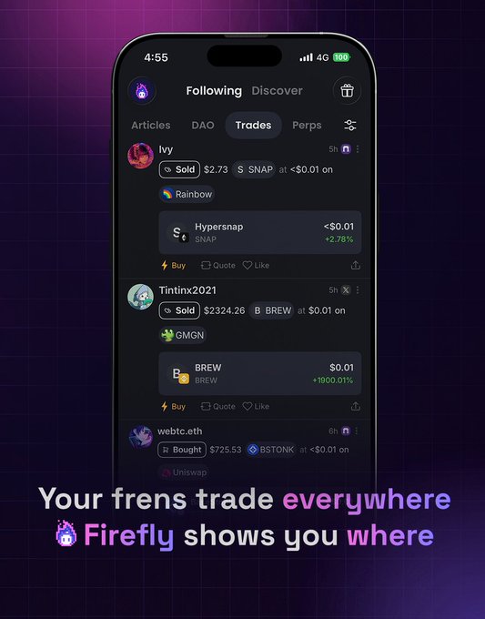 A mobile app screenshot for Firefly showing crypto trades on the 'Trades' tab, with the tagline 'Your frens trade everywhere Firefly shows you where'.
