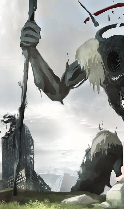 An anime-style illustration of a massive, dark, skeletal monster with long limbs looming over a ruined cityscape.