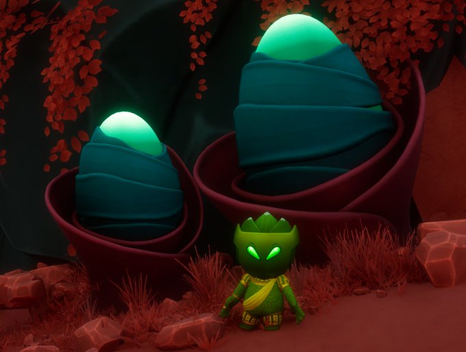A 3D rendered scene featuring a small green dragon-like character standing in front of two large rosebud-shaped structures with glowing green tips in a red-toned forest environment.