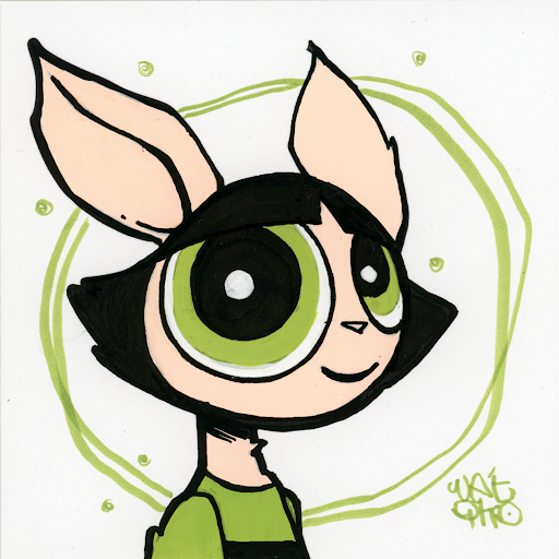 A hand-drawn illustration of Buttercup from The Powerpuff Girls with large green eyes, signed 'WOMB JOE' in the corner.