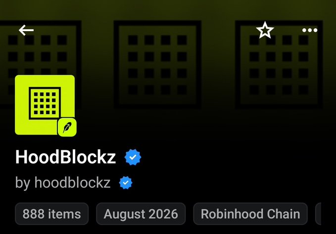 The image shows a digital collection page for "HoodBlockz" by hoodblockz on the Robinhood Chain, featuring 888 items scheduled for release in August 2026. The interface displays a green block-themed icon with verification checkmarks, aligning with the post's excitement about an upcoming "block party" event where participants hunt for HoodBlocks with the chance to win Bitcoin or BTC shares.