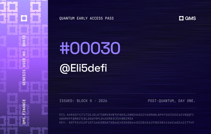The image displays a digital "Quantum Early Access Pass" issued by QMS, featuring pass number #00030 assigned to user @Eli5defi, with a Genesis User Number of 00030, issued on "Block 0 · 2026" labeled as "Post-Quantum, Day One," and includes cryptographic key information, matching the post announcing the claimed pass for QMSNetwork's upcoming quantum-resistant Layer 1 blockchain.