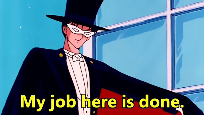 The image shows an anime character (Tuxedo Mask from Sailor Moon) in a top hat and mask with the caption "My job here is done." The meme humorously relates to FOMO app users who over-analyze with a detailed thesis only to mindlessly follow the crowd by full-stacking the chart moments later, as if their "analysis" was just a performative gesture before giving in to herd mentality.