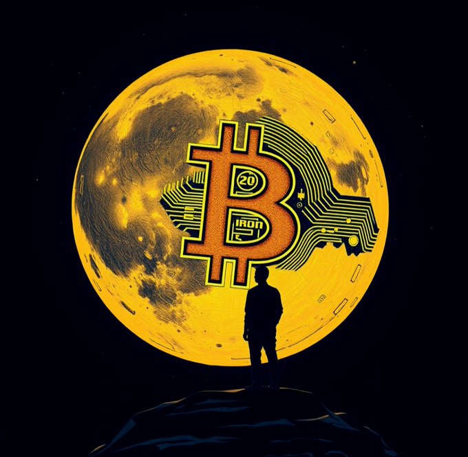 A stylized digital illustration depicting a silhouette of a person standing on a rocky peak, gazing at a large, golden moon featuring a prominent Bitcoin logo and circuit board patterns.