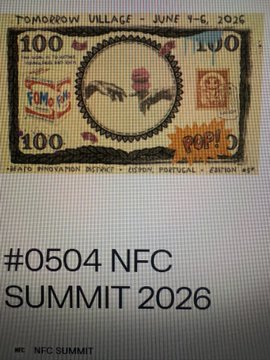 A promotional graphic for 'NFC SUMMIT 2026' featuring a decorative 100 denomination design labeled 'TOMORROW VILLAGE - JUNE 7-8, 2026' with 'MAIN INNOVATION DISTRICT - LISBON, PORTUGAL - EDITION N°2'.