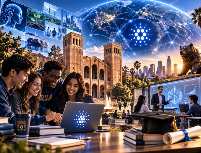 A diverse group of UCLA students collaborate around a laptop displaying the university's logo, set against a backdrop featuring Royce Hall, the Los Angeles skyline, and digital elements connecting to global networks and innovation.