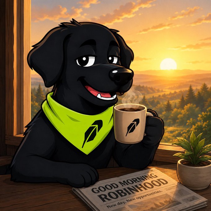 An illustrated black dog wearing a green bandana holds a coffee mug and sits beside a newspaper reading 'GOOD MORNING ROBINHOOD', set against a sunset landscape.