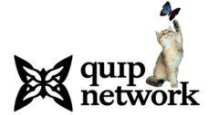 A logo for 'quip network' featuring a black geometric butterfly icon on the left, the brand name in the center, and a photo of a cat reaching up to catch a butterfly on the right.