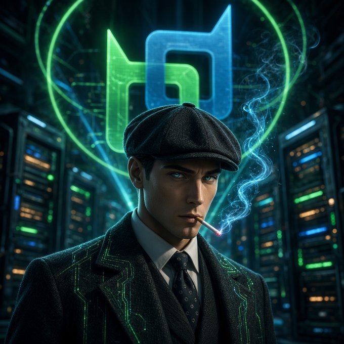 A digital illustration of a man in a flat cap and suit smoking a cigarette, set against a cyberpunk background with a glowing green and blue logo.