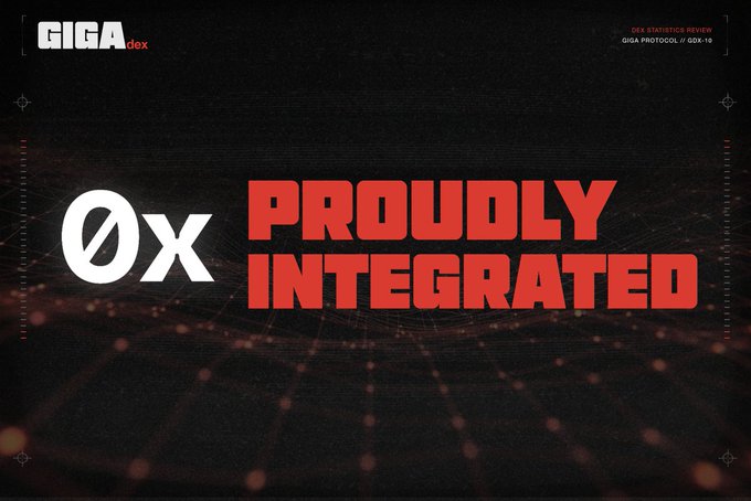 A promotional graphic for 'GIGA dex' with bold red text reading '0x PROUDLY INTEGRATED' on a dark, grid-patterned background.