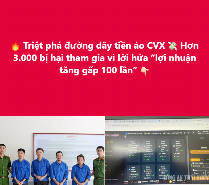 The image displays a red banner with the headline "Triệt phá đường dây tiền ảo CVX" (Breaking the CVX crypto chain), stating that over 3,000 victims were defrauded by a promise of "100x profit," alongside photos of law enforcement officers and a screenshot of the Canvanex trading platform.