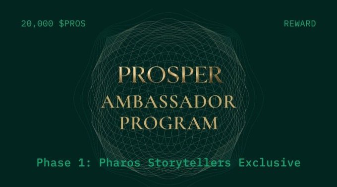 A promotional graphic for the PROSPER AMBASSADOR PROGRAM by Pharos, offering a 20,000 $PROS reward for Phase 1: Pharos Storytellers Exclusive.