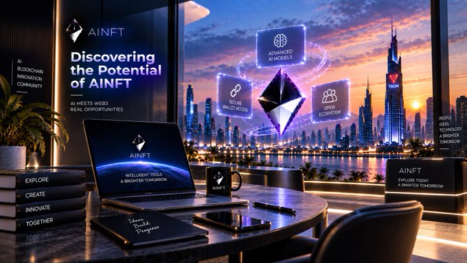 Another promotional graphic for AINFT titled 'Discovering the Potential of AINFT' showing a modern desk with a laptop displaying the AINFT logo, set against a futuristic city skyline with floating icons like 'ADVANCED AI MODELS' and 'OPEN ECOSYSTEM.'