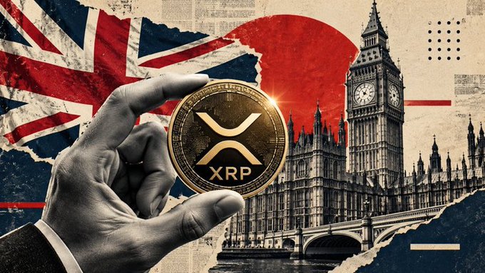 A composite image showing a hand holding a gold XRP (Ripple) coin, set against a backdrop featuring the British Union Jack flag, Big Ben, the Houses of Parliament, and a red rising sun graphic.
