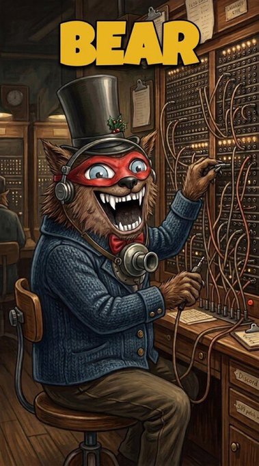 An illustration of a manic-looking bear wearing a top hat, red goggles, and a blue sweater, working at a vintage switchboard with the word 'BEAR' above.
