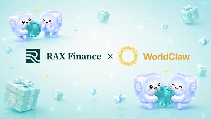 Promotional graphic for a partnership between 'RAX Finance' and 'WorldClaw' featuring cute blue cube mascots holding a teal coin.