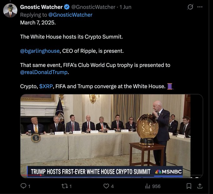 A tweet from Gnostic Watcher discussing the White House Crypto Summit, mentioning @bgarlinghouse CEO of Ripple, $XRP, FIFA, and @realDonaldTrump, accompanied by an MSNBC screenshot.