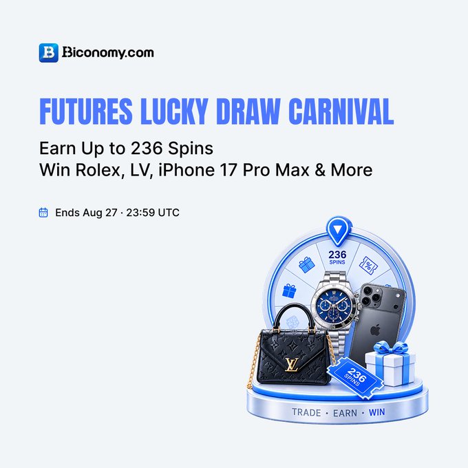 A promotional graphic for Biconomy.com advertising a 'FUTURES LUCKY DRAW CARNIVAL' where participants can earn up to 236 spins to win prizes including Rolex, LV, and iPhone 17 Pro Max, ending Aug 27 at 23:59 UTC.