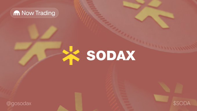 The image shows a promotional graphic with a red and orange background featuring coin-like designs with asterisk symbols, displaying the "SODAX" logo in the center alongside a "Now Trading" badge in the top left. The text "@gosodax" and "$SODA" appear in the bottom corners, announcing that the $SODA token from Sodax is now available for trading.