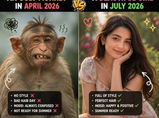 A side-by-side meme comparing "Crypto Holders in April 2026" (depicted as a scraggly, confused-looking chimpanzee with bad hair and "NO STYLE") versus "Crypto Holders in July 2026" (depicted as a glamorous, smiling young woman with "PERFECT HAIR" and "FULL OF STYLE"), humorously suggesting that crypto investors will transform from disheveled and uncertain to happy, positive, and summer-ready within just three months.